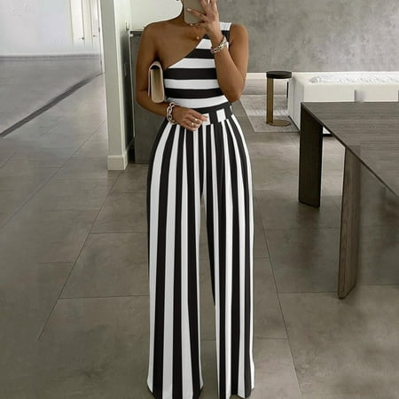 

TIANEK Fashion Wide Leg Polka Dot Striped Printed One-Shoulder Jumpsuits Fuzzy Pajama Pants Reduced Price