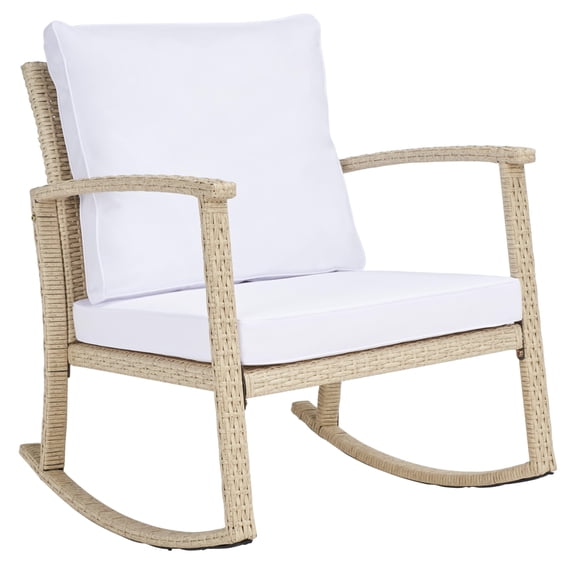 Beige Faux Rattan Rocking Chair With White Cushions Outdoor Modern Accent Chair