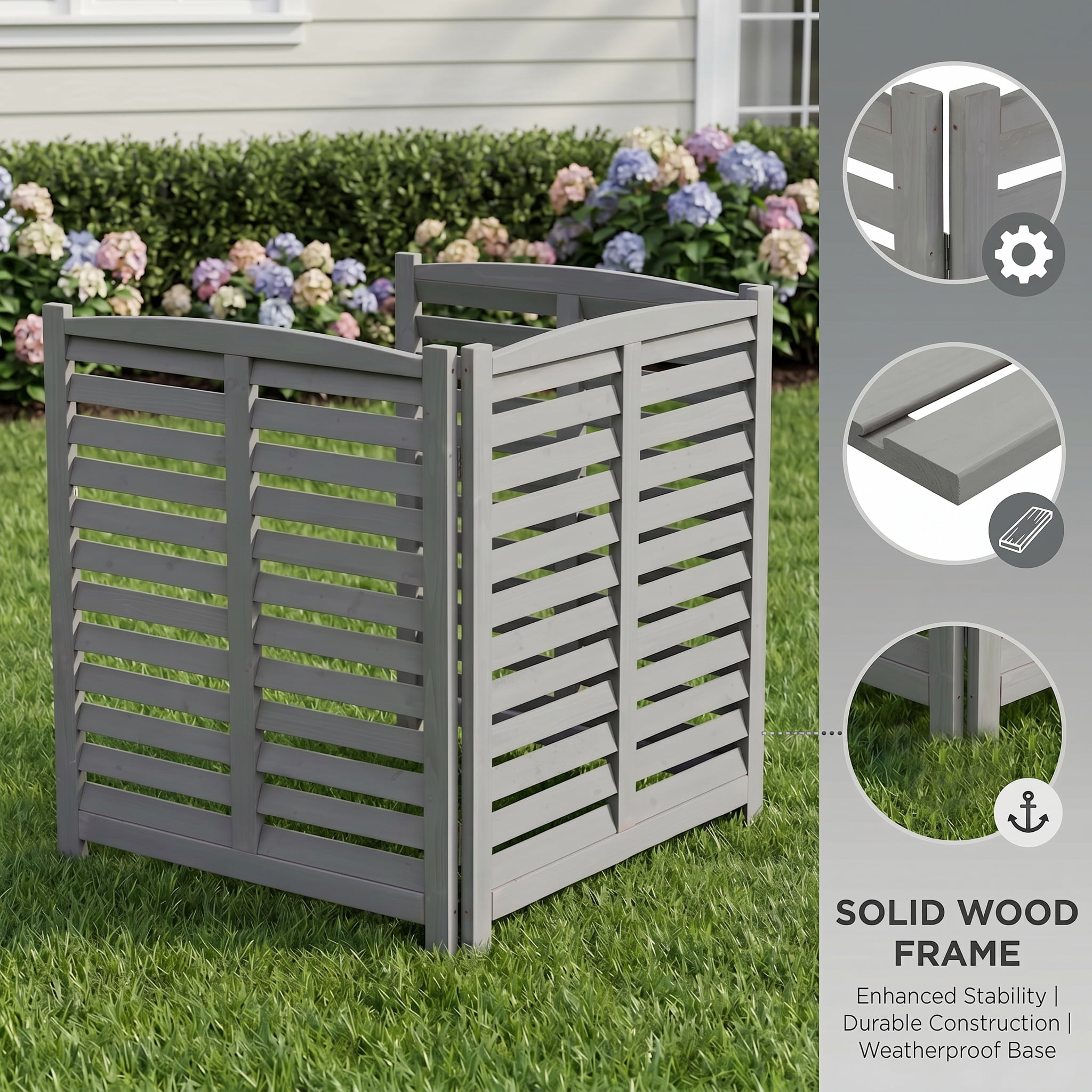 Outdoor Wood Privacy Fence 3-Panel 32W x 38H, Solid Wood Air Conditioner Screen with Slat Spacing for AC Unit Trash Can Pool Pump Enclosure, Gray