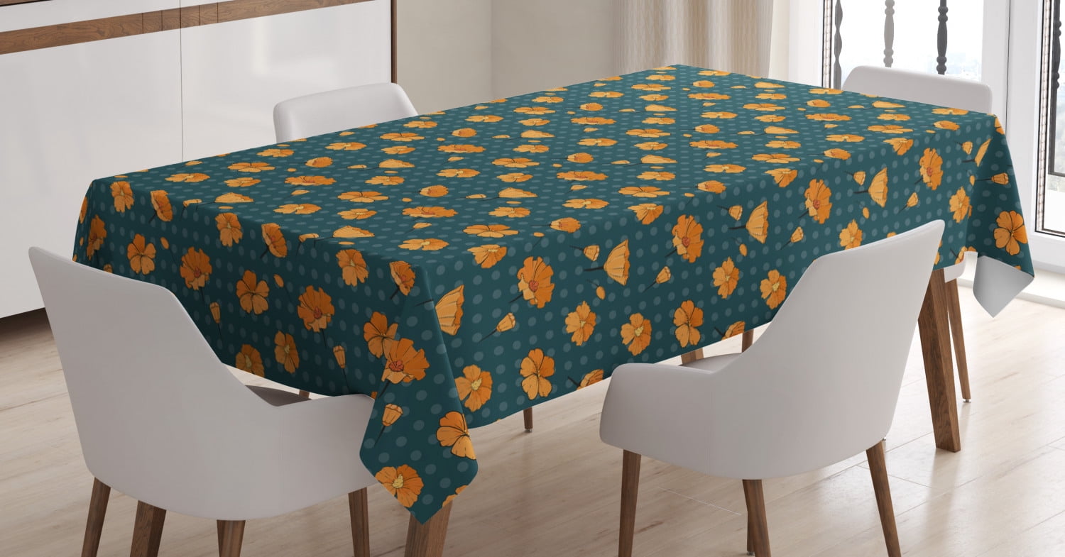 Flower Tablecloth, Floral Pattern with Cute Petals and Buds on Polka