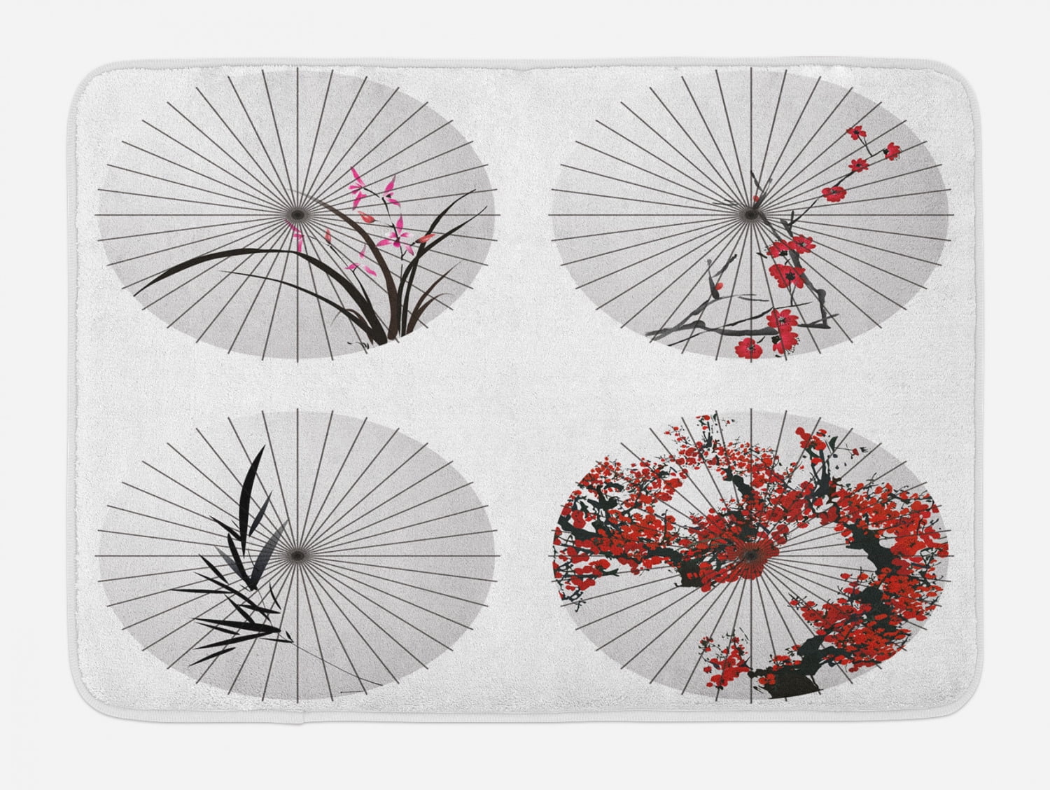Japanese Bath Mat, Group of Ethnic Parasol with Swirled Floral Lines