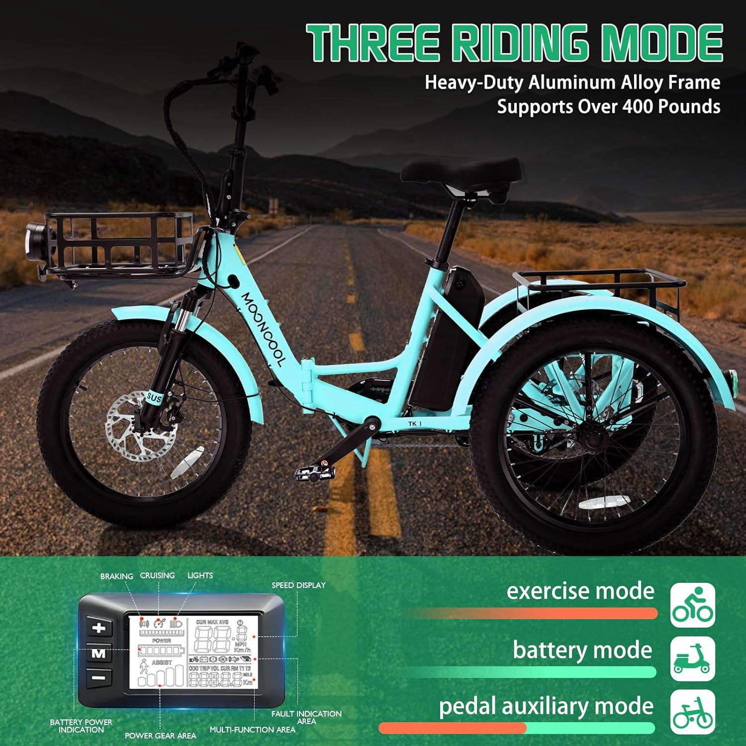 Mooncool 20" x 4" Fat Tire Electric Tricycle for Adults, Electric Trike with Front & Rear Basket, Peak 1100w Motor 48V Removable Battery, 3 Wheel Electric Bicycle for Men Women Senior