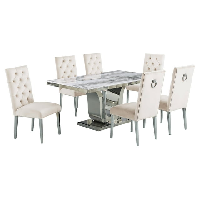 White Marble 7 piece Dining Set with Silver Stainless Steel Base