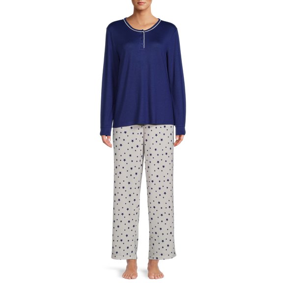 Hanes Women's Long Sleeve Henley Top and Pants Pajama Set, 2-Piece