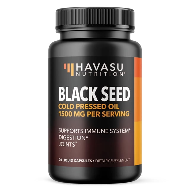 suplemento de comino negro havasu nutrition, aceite de semilla negra prensado en frío 1500 mg, apoyo digestivo, cabello y piel, 60 cápsulas — Frontal centrado de un frasco negro con tapa roscada; etiqueta muestra la marca Havasu Nutrition y el texto "BLACK SEED COLD PRESSED OIL 1500 MG PER SERVING", indica apoyo al sistema inmunológico, digestión y articulaciones; fondo blanco neutro, producto aislado; también relevante para búsquedas de nigella sativa y omegas 3-6-9 y adecuado para quienes desean complementar su dieta para piel y cabello.