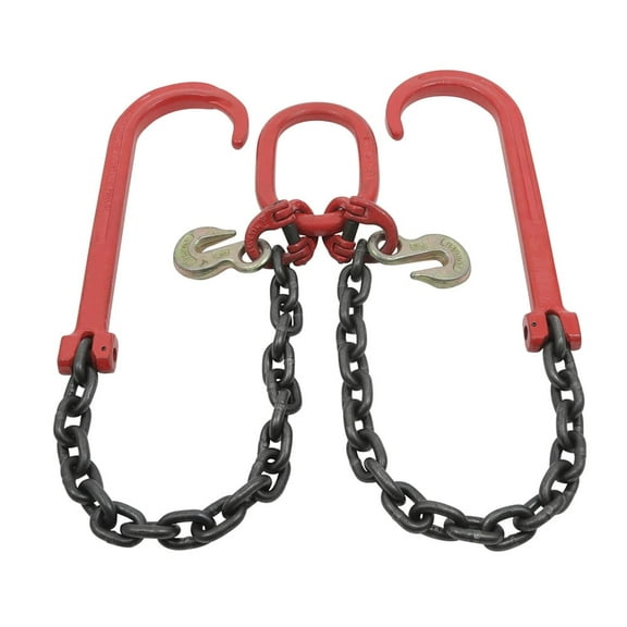 3/8" x 2' Leg G80 V Bridle Tow Chain w/Two 15" J-Hook & Eye Cradle Grab Hook - 7100 LBS WLL Long Shank J Hook Transport Tow Truck Chain for Car Towing Wrecker Recovery