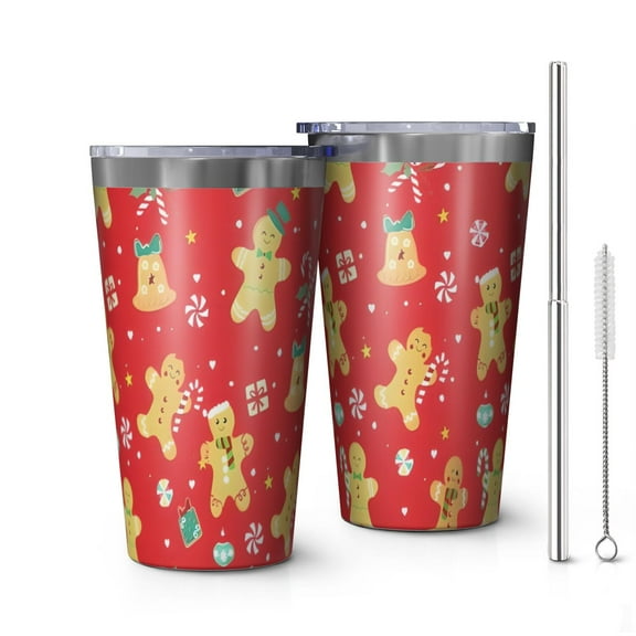 16oz Tumblers Red Christmas Gingerbread Man Pattern Stainless Steel Vacuum Insulated Double Wall Travel Tumbler Cups Mug with Lid and Straw,Cleaning Brush for Coffee,Tea