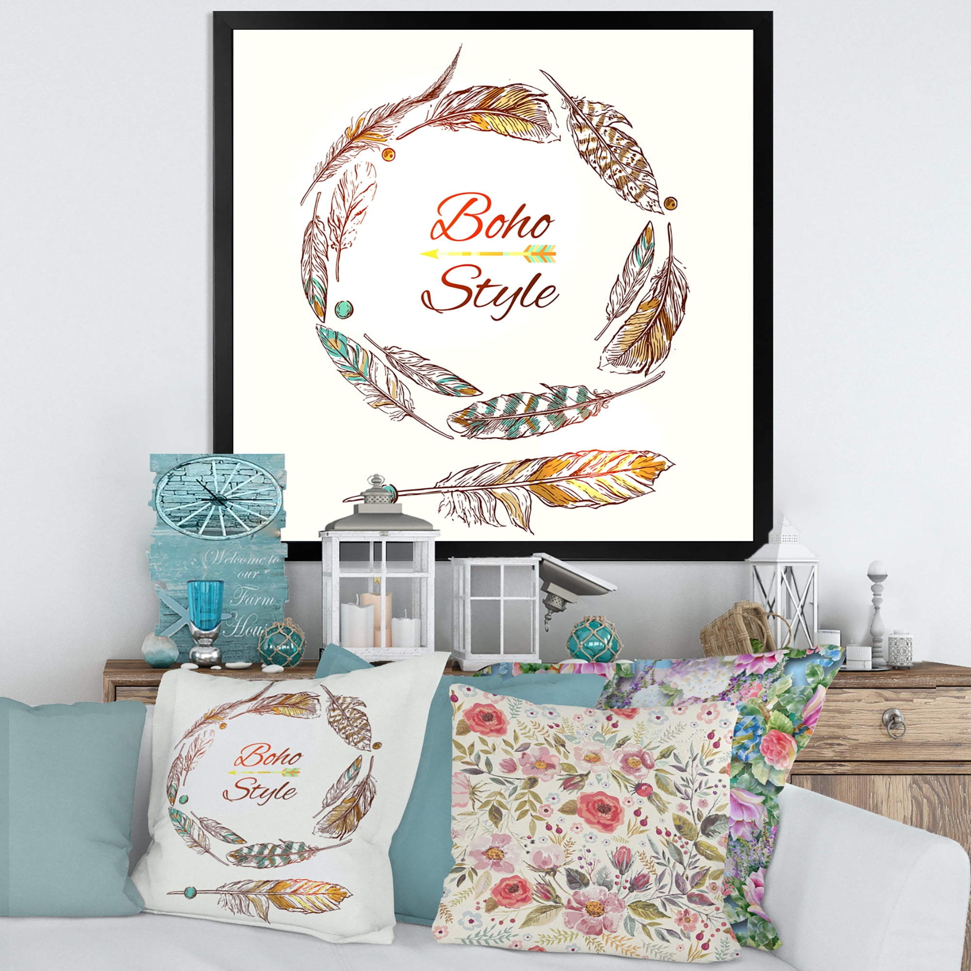 Designart 'Wreath Of Ethnic Beige Boho Feather' Bohemian & Eclectic Framed Art Print