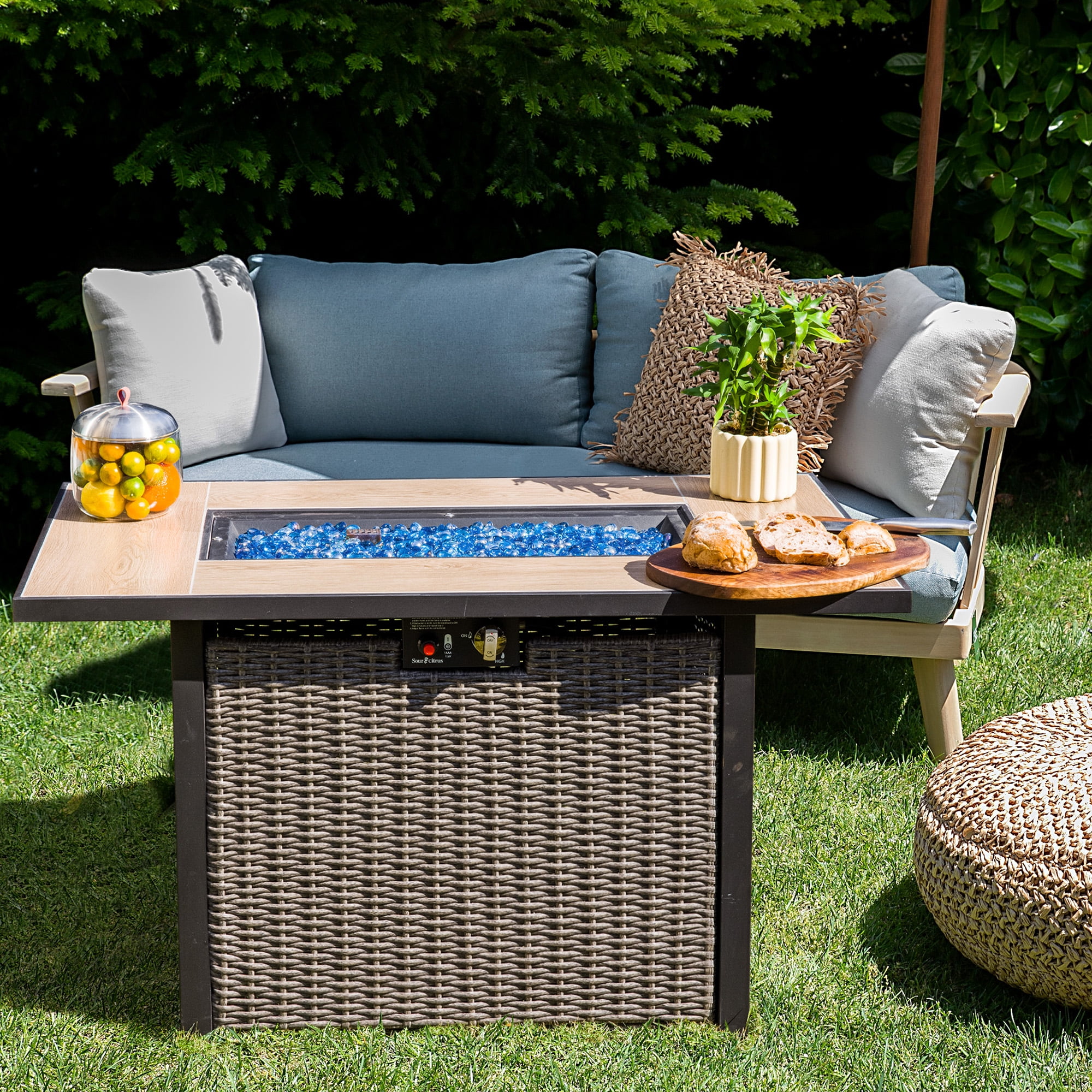 OuterMust 42”Outdoor Propane Fire Pit Table, 50,000 BTU Gas Hand-Woven Rattan Fire Pit with Lid & Blue Glass Bead for Patio Deck Garden