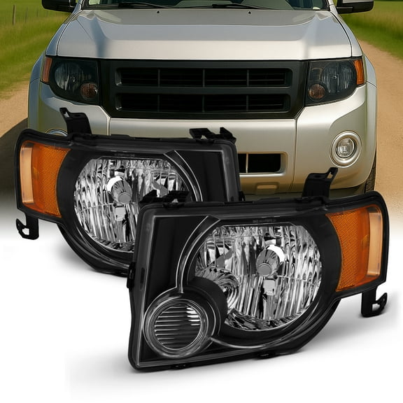 AKKON - Fits 2008 09 10 11 12 Ford Escape [OE Style] Black Headlights Driver Passenger Pair Headlamp w/Amber Turn Signal