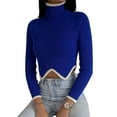 thumbnail image 2 of Women Sweater Knit Pullover Long Sleeve Turtleneck Contrast Color Irregular Hem Crop Top, 2 of 3