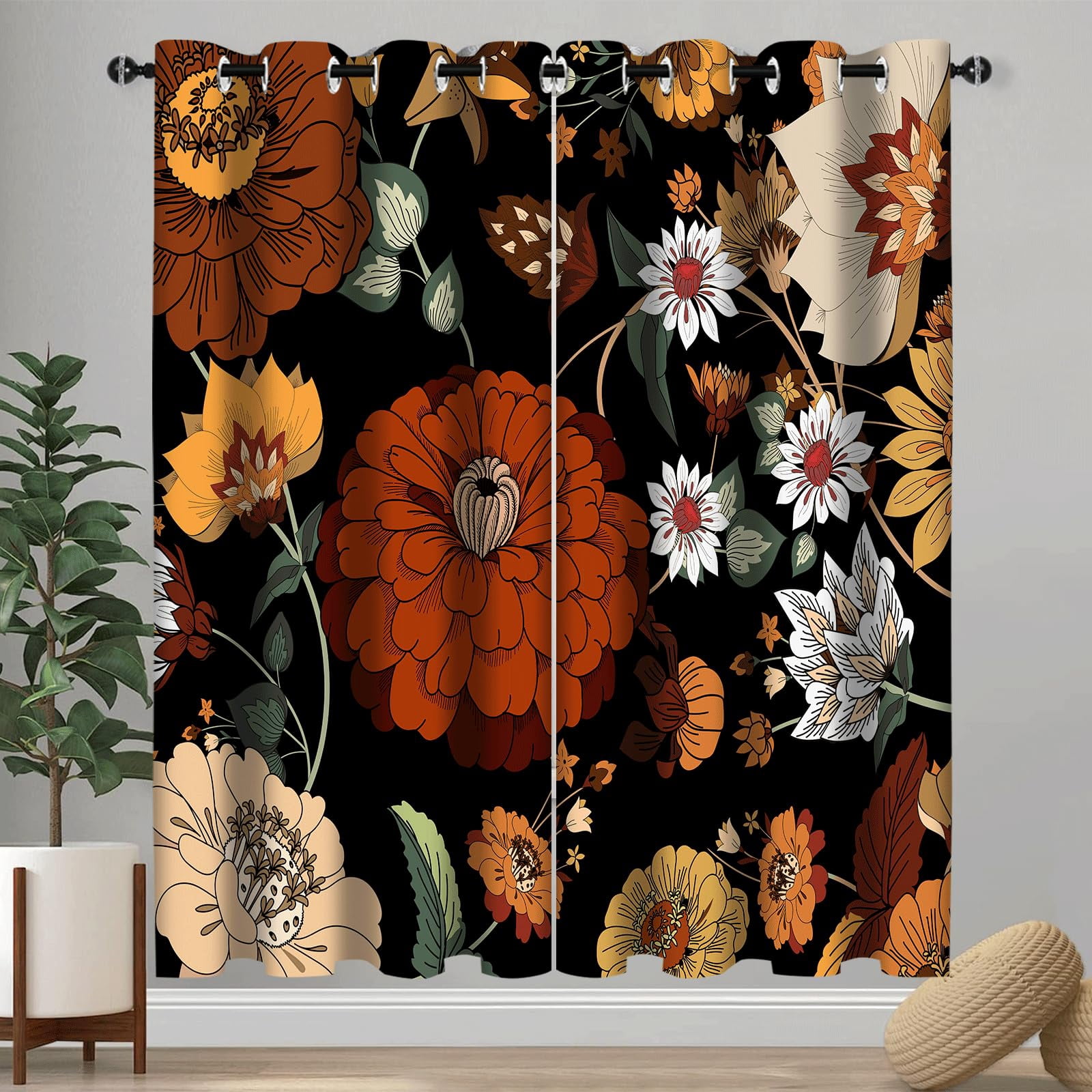 Boho Floral Blackout Curtains, Morden Mid Century Abstract Bohemian Flowers Botanical Tropical Leaves Darkening Window Drapes Grommet for Living Room Bedroom Decor 2 Panels 52"x84" Inches
