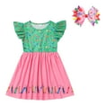 thumbnail image 2 of OBEEII Back to School Dress for Girls Toddle Kids Flutter Sleeve Casual Outfits Pencil Apple Print School Dress Clothes with Bow Headband 5-6 Years Green Pink, 2 of 10