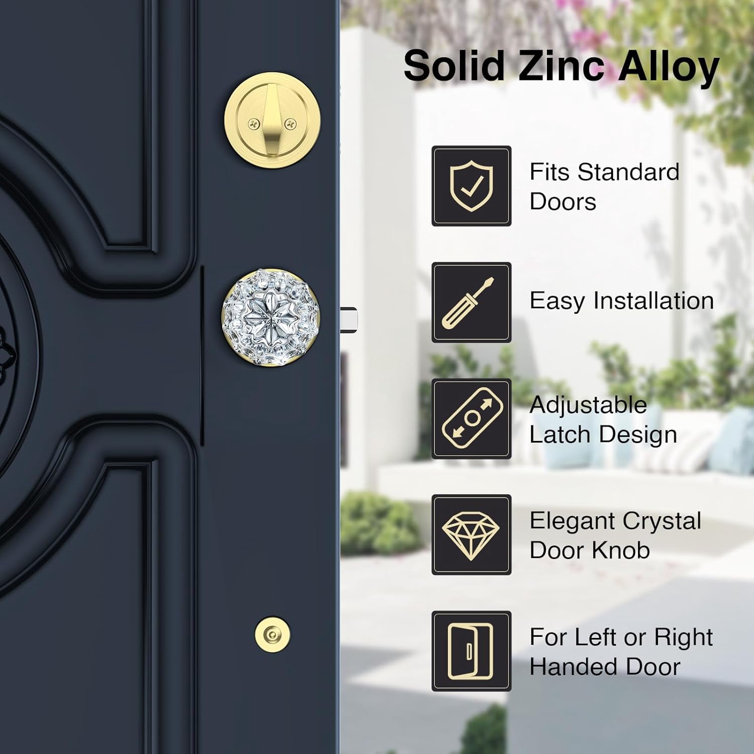 Vintage Front Door Handle and Deadbolt Set, Gold Front Door Lock Set with Crystal Glass Door Knob, Entry Door Lock Set with Single Cylinder, Reversible for Right & Left