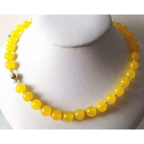 EOEMY 10mm Yellow Jade Round Beads Necklace 18"