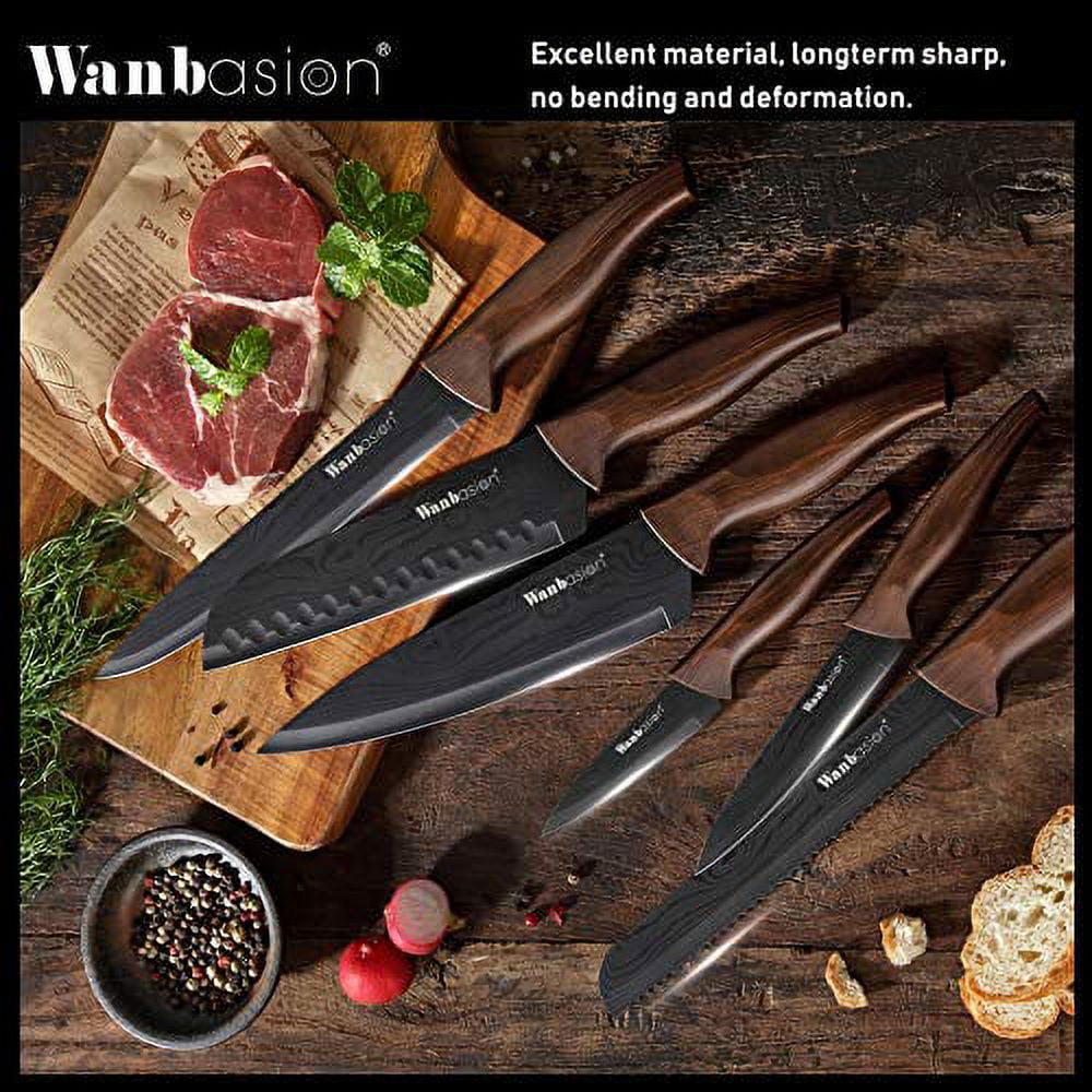Wanbasion 6 Pieces Matte Black Titanium Plated Knife Set Stainless Steel  Forged Kitchen Knife Set Sharp Professional Knife Set with Sheath, Scratch