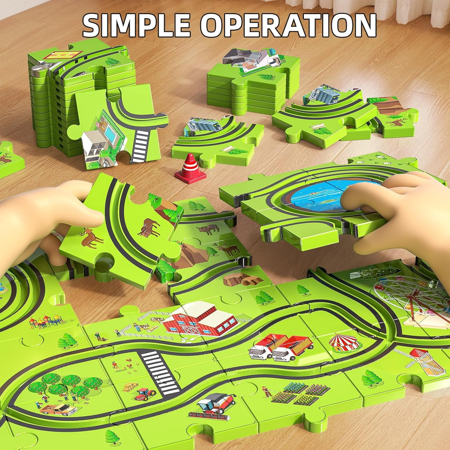 ConeWhale Puzzle Race Track Car Set City-Themed 64 Pieces with 3 Sliding Toy Cars for Ages 3+