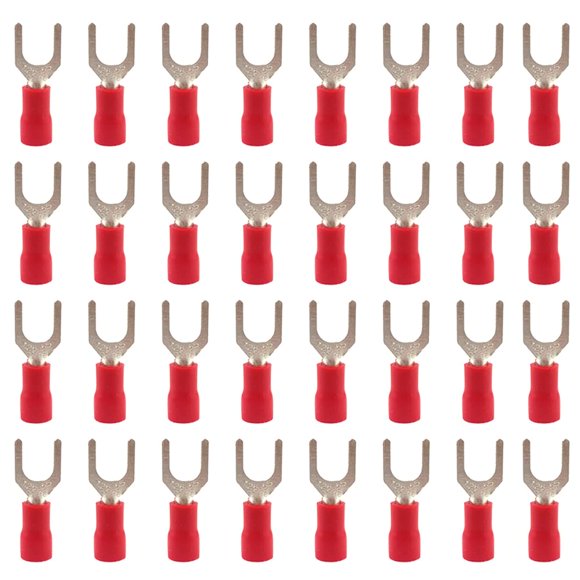 Ruidee 100Pcs M5 Insulated Fork Spade Wire Connector 22-16 AWG U Type Electrical Crimp Terminals(Red/SPFH5)