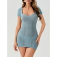 thumbnail image 2 of Niusricy Women Short Sleeve Knit Dress Ladies Casual Crochet Cutout Bodycon Party Dress Summer Backless Mini Dress for Beach Solid Basic Bikini Coverups Cocktail Streetwear, 2 of 8