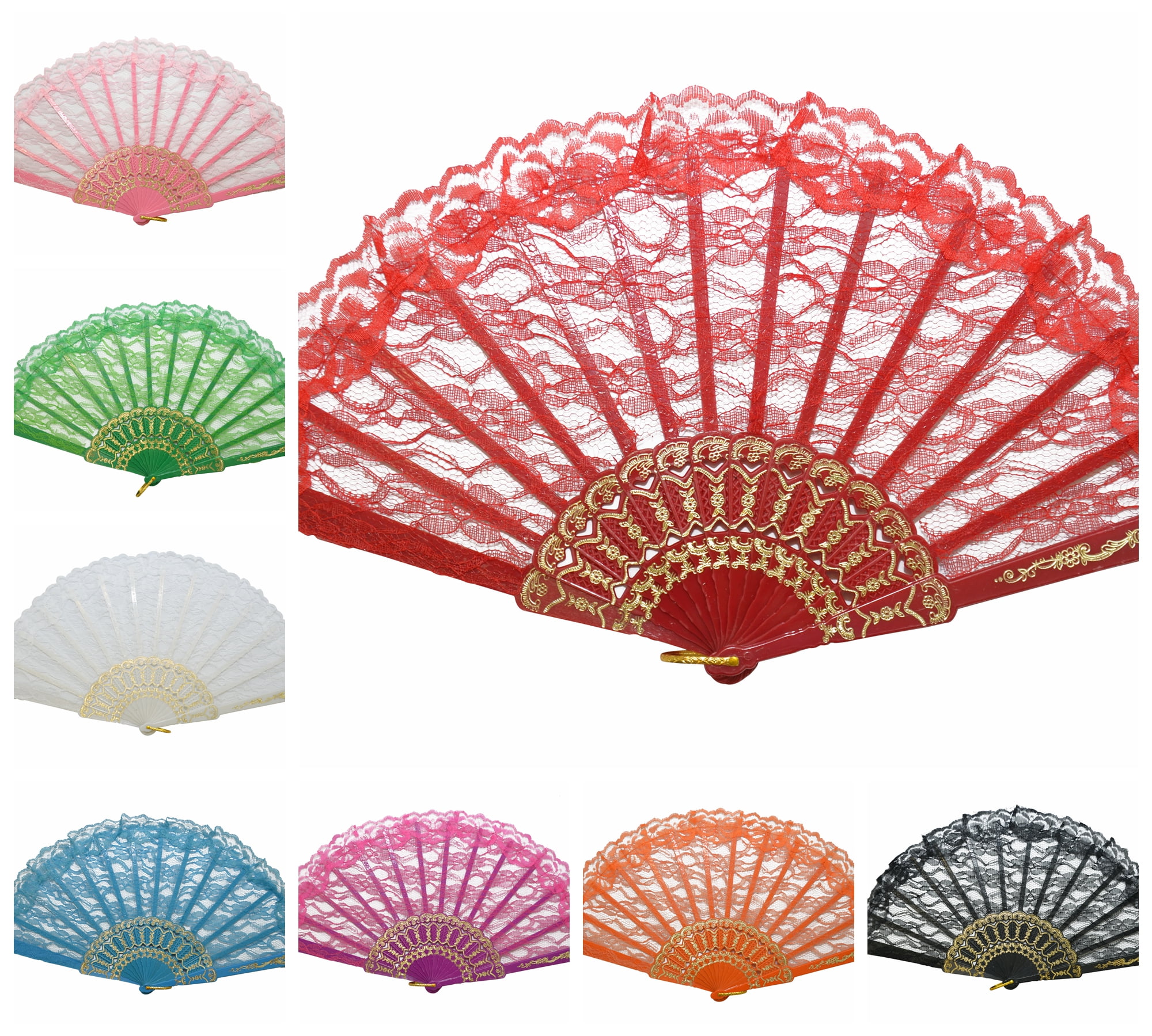 Dance Foldable Fabric Flower Print Lace Trim Hand Fan Multi-Pattern Decoration 
