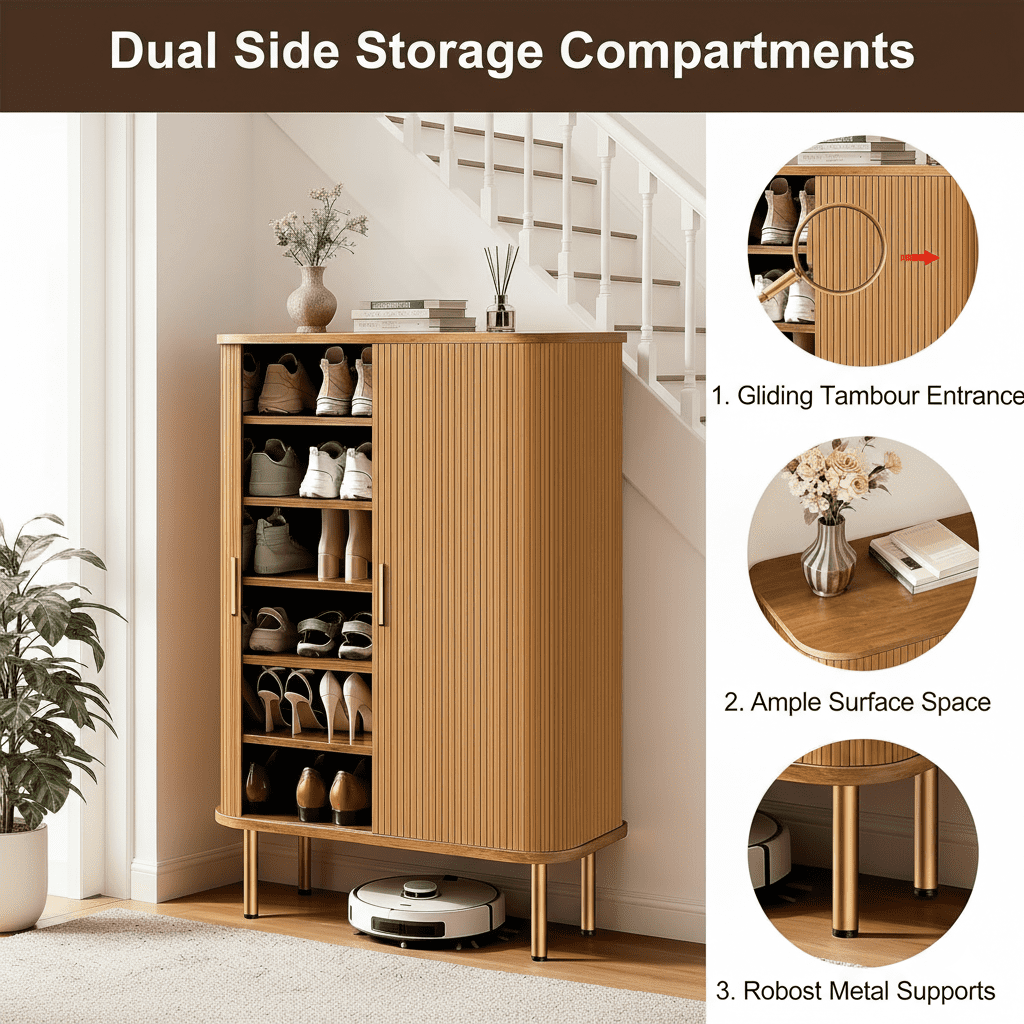 Howcool Shoe Storage Cabinet with Sliding Doors, 6-Tier Mid-Century Modern Shoe Rack Organizer with Adjustable Shelves, 31.5" Freestanding Unit for Entryway & Hallway, Black