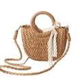 thumbnail image 2 of Round Small Crossbody Grass Woven Bag for Women, Handmade Paper Rope Woven Bag with Lace Carry Handle, Cute Mini Round Straw Beach Tote for Girls Summer Vacation Beach Travel Shopping, 2 of 6