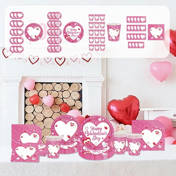 Juego de vajilla para fiesta de San Valentín – Platos festivos con purpurina en forma de corazones, tazas, servilletas, papel rosa desechable de 16/20 piezas, 7 y 9 pulgadas, decoración romántica