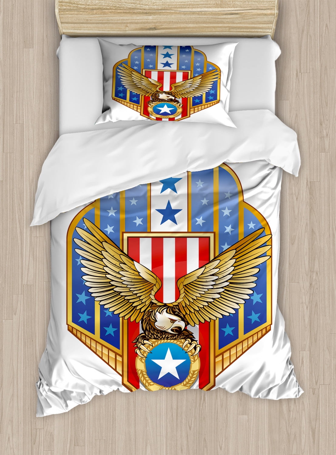 Eagle Twin Size Duvet Cover Set, Heraldic Illustration of Symbol of Freedom Golden Winged Eagle with Flag of States, Decorative 2 Piece Bedding Set with 1 Pillow Sham, Gold Red Blue, by Ambesonne