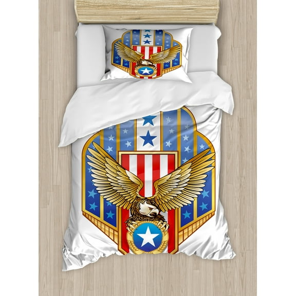 Eagle Twin Size Duvet Cover Set, Heraldic Illustration of Symbol of Freedom Golden Winged Eagle with Flag of States, Decorative 2 Piece Bedding Set with 1 Pillow Sham, Gold Red Blue, by Ambesonne