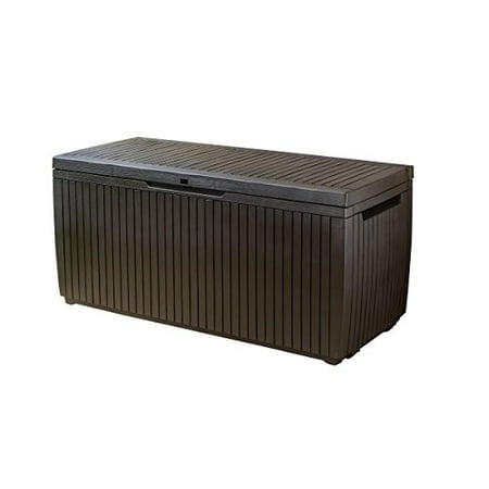 Keter Springwood 80 Gallon Resin Outdoor Storage Box for Patio Furniture Cushions, Pool Toys, and Garden Tools with Handles, Brown