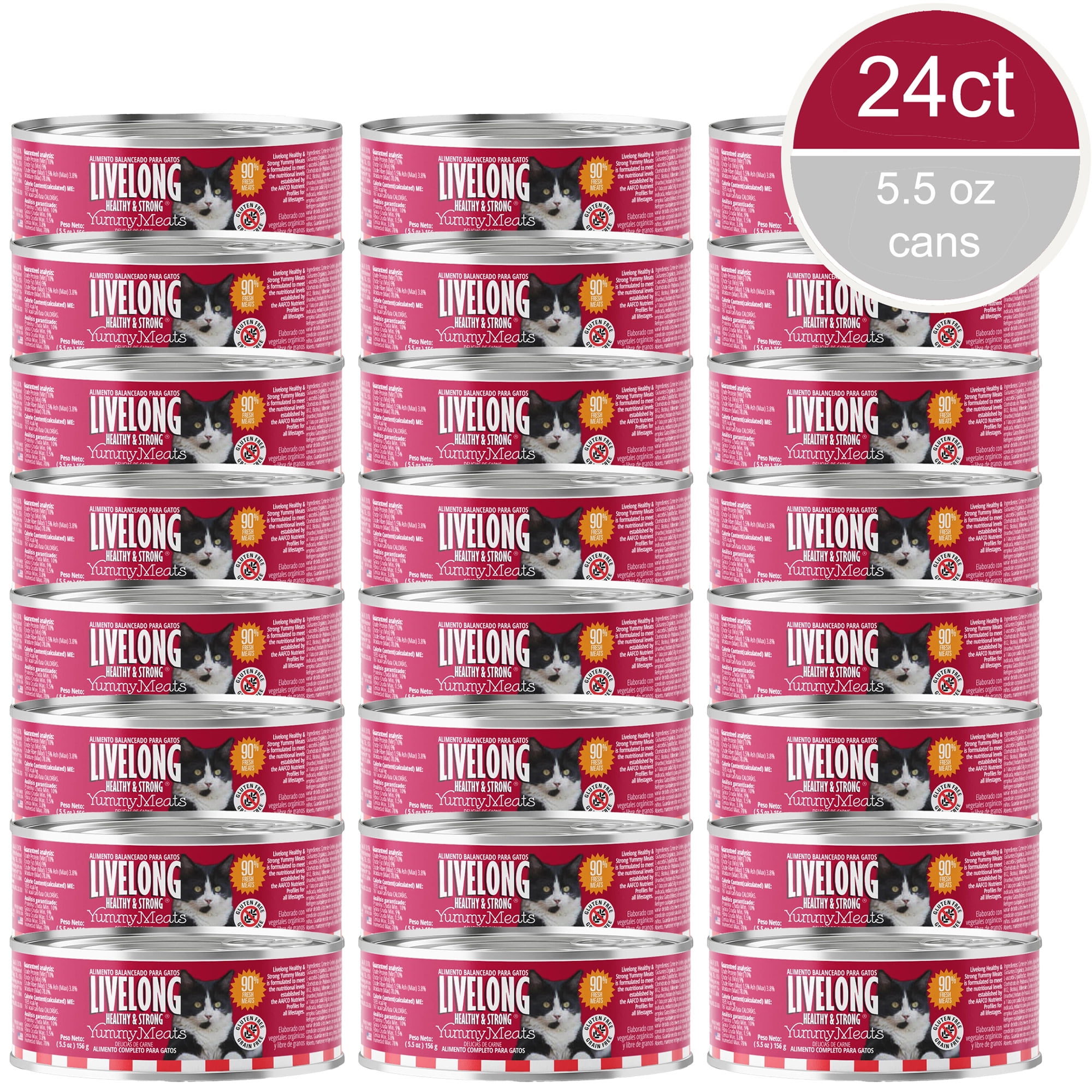 Livelong Healthy & Strong: 24 Pack: Yummy Meats - 5.5oz Cans, Wet Cat Food, High-Quality Meat, High Protein, All Natural, No Preservatives,
