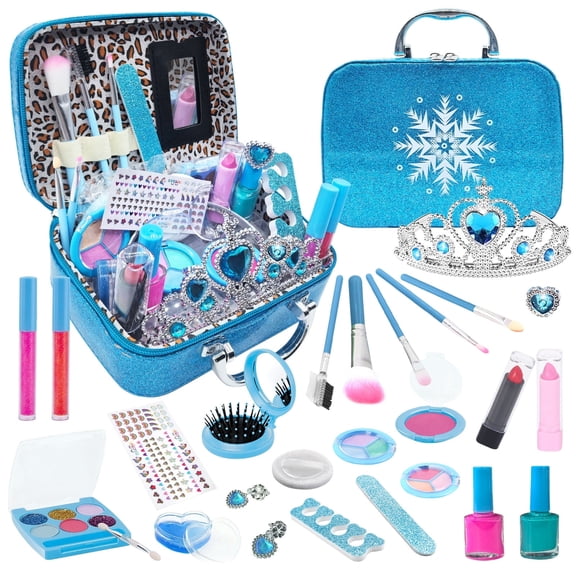 TiokMc Kids Makeup Kit for Girls, 25 Piece Washable Real Cosmetic Toy Set with Eye Shadow, Lip Gloss, Nail Polish, Brushes and Case, Pretend Play Gift Ages 4-8