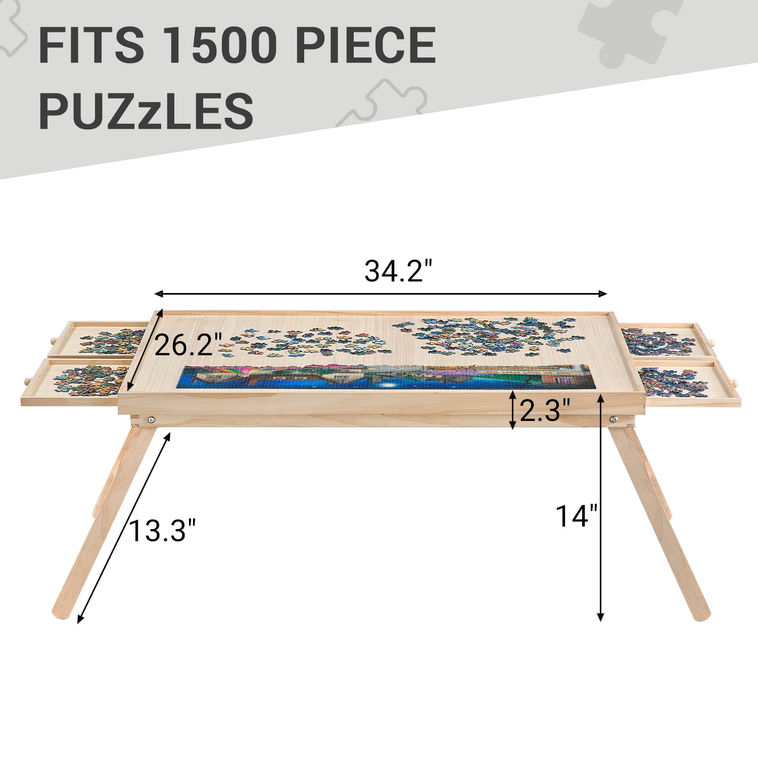 1500 Pcs Wooden Folding Puzzle Table , 34" x 26" Jigsaw Wooden Puzzle Board with 4 Sliding Drawers and Puzzle Cover Jigsaw Puzzle Table for Adults Birthday Gift for Family