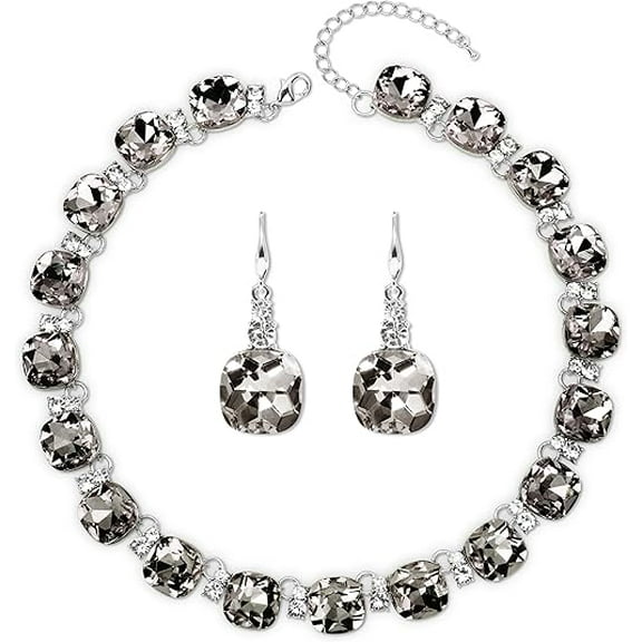 Grey/Blue Austrian Crystal Wedding Bridal Jewelry Set for Brides Bridesmaid, Gemstone Statement Necklace and Earring Set Formal Prom Jewelry Set for Silver-Tone Fit With Evening Dress