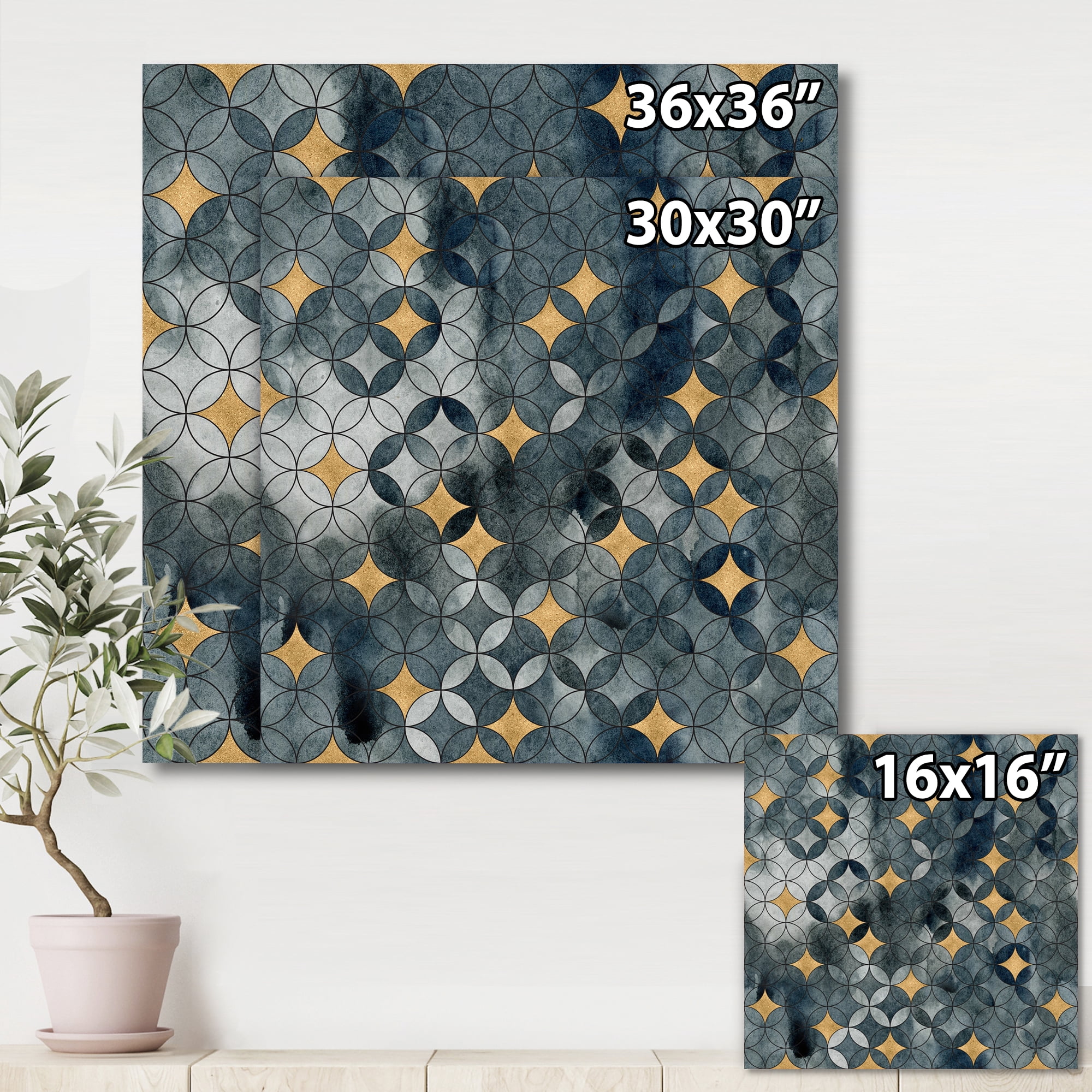 Designart ' Geometry Golden Stars With Intersecting Circles ' Modern Canvas Wall Art Print