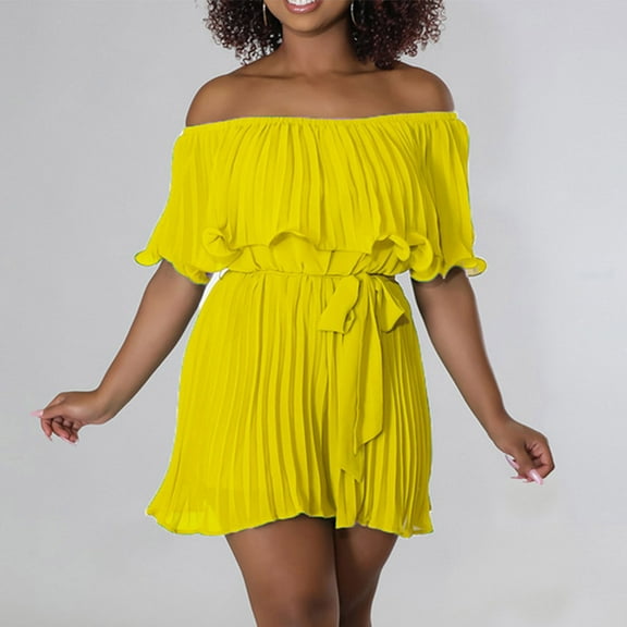 Women Boho off Shoulder Romper Flowy Tie Waist Flared Pleated Short Jumpsuit Elegant Strapless Wide Leg Party Playsuit, Yellow, XXL