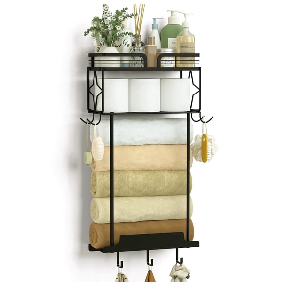 Towel Racks for Bathroom 23.8 Inch Wall Mounted Towel Rack with Shelf, Small Bathroom Towel Storage Holds 3–6 Large Rolled Towels, Metal Wall Towel Rack, Black