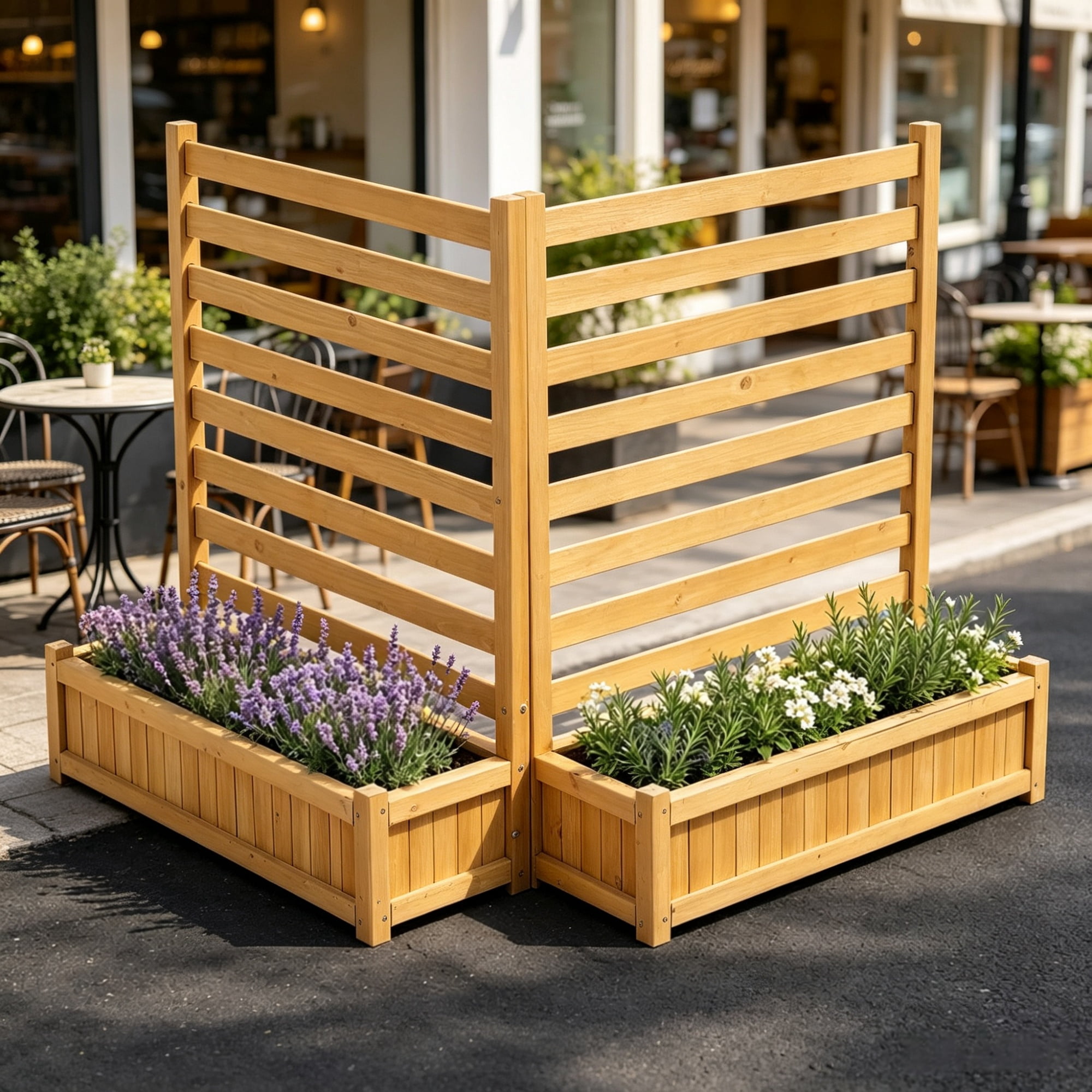 36x45 in Wooden Privacy Fence Screen, Cover with 2 Planters & Metal Stakes for Garden & Pool
