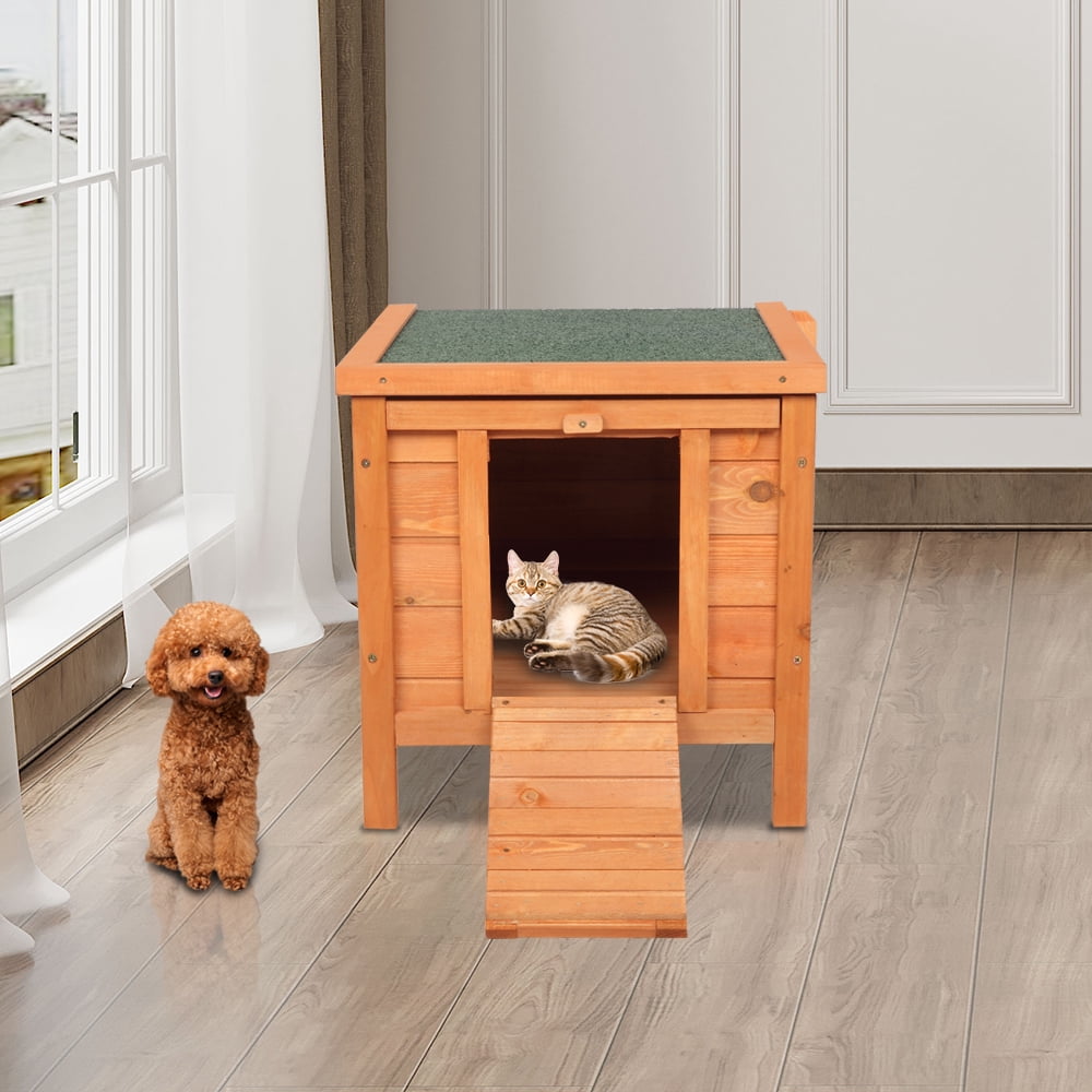 Small Pet Hutch, Natural Cedar Wood Rabbit Hutch with Green Asphalt Roof, Indoor Outdoor Bunny Cage Chicken Coop with Openable Roof for 1-2 Rabbits/2-3 Chickens