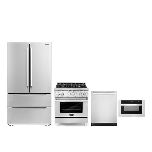 Cosmo 4 Piece Kitchen Appliance Package with 24" Built-In Microwave Drawer 30" Freestanding Gas Range 24" Built-in Integrated Dishwasher & French Door Refrigerator Kitchen Appliance Bundles