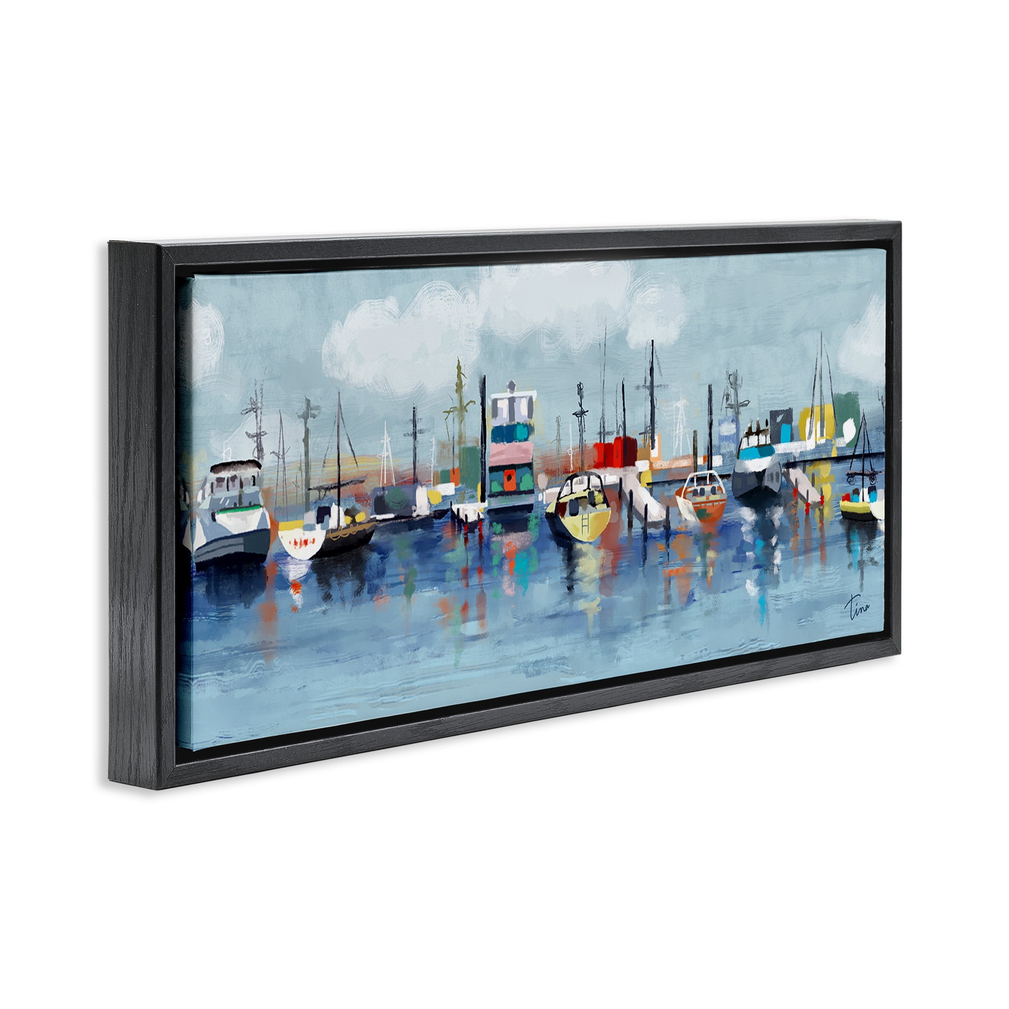 Stupell Industries Varied Boats Docked Port Marina Nature Painting Black Floater Framed Canvas Art Print Wall Art, 25 x 11