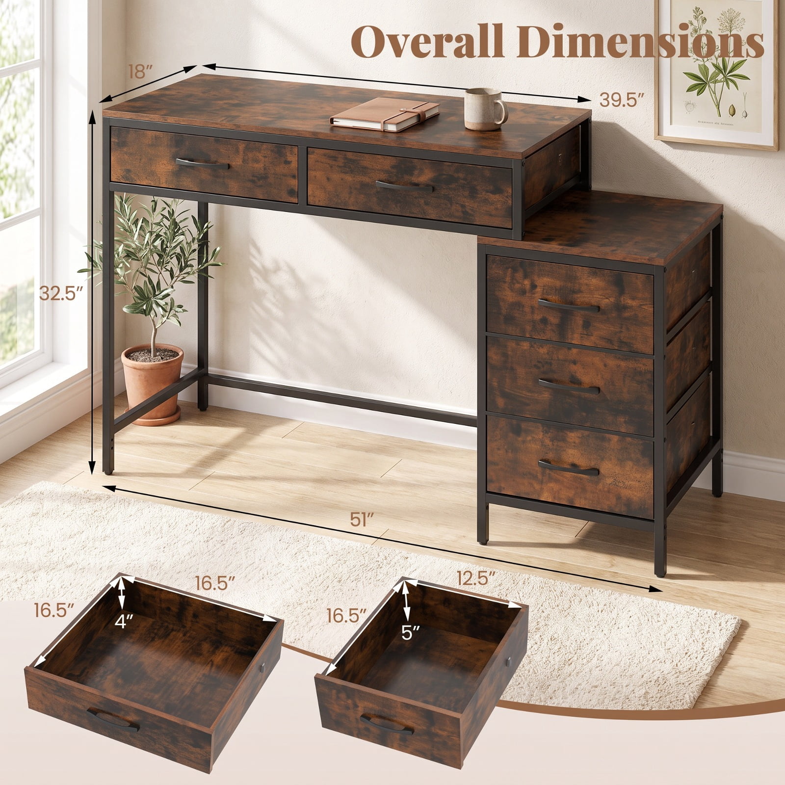 Furnibear Computer Desk with 5 Drawers and Printer Stand for Bedroom and Small Spaces for Home Office Study Computer Writing Workstation, Rustic Brown