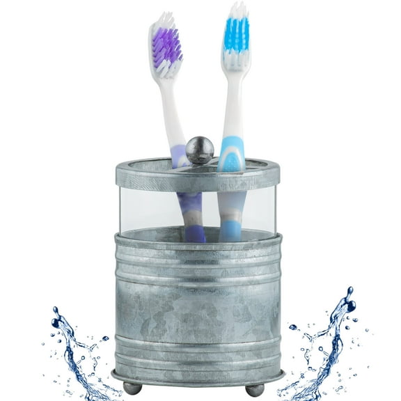 Autumn Alley Farmhouse Glass and Galvanized Gray Rustic Farmhouse Toothbrush Holder - Farmhouse Bathroom Accessories