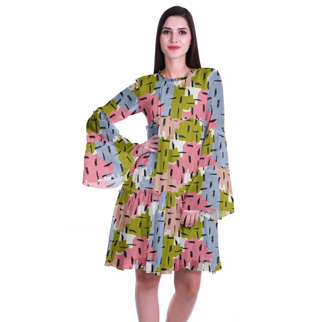 Moomaya Robe Longue à Manches Longues Imprimée Longueur Genou Robe d'Été Évasée