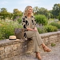 thumbnail image 4 of Textilo Women's 3 Pieces Pant Suits 3/4 Sleeve Floral Cardigan Sleeveless Top Wide Leg Pants Set Suits Spring 2026 Casual Outfits,Khaki S, 4 of 5