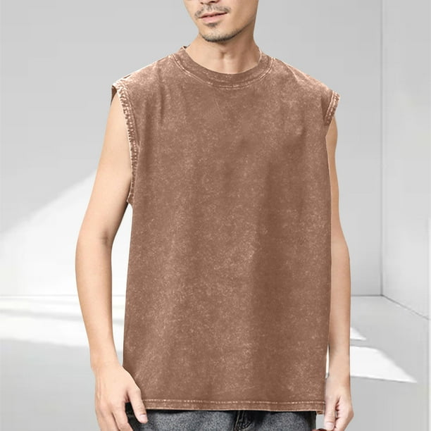 Playera Elvqul para Hombre de Color Sólido Manga Corta Casual Cuello Redondo Deportivas Algodón Café