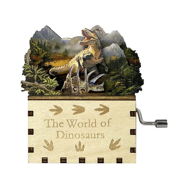 Caja de música de madera con forma de rompecabezas, manivela 3D con diseño de dinosaurio