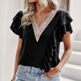 thumbnail image 2 of Blusa con Cuello en V Top Guipur Encaje Costuras Mangas cortas con volantes Blusa Camisa para mujer Verano Negro S Vhermosa, 2 of 8