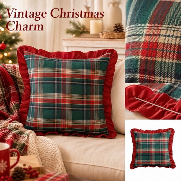Christmas Plaid Decorative Throw Pillow Covers Green Red 18x18 | Scottish Tartan Cushion Case, Farmhouse Home Holiday Decor, Buffalo Check, Sofa Couch Bed Decorative Pillow Case