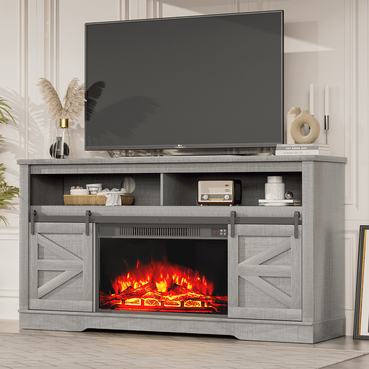 Homall Modern Farmhouse TV Stand with Electric Fireplace Media Storage TV Console Sliding Cabinet Doors,Gray